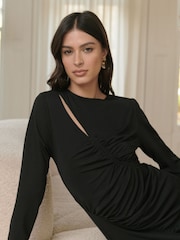 Lipsy Black Long Sleeve Cutout Ruched Asymmetrical Midi Dress - Image 2 of 4