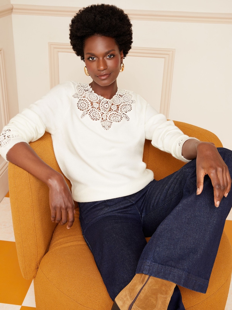 Love & Roses Ivory White Round Neck Crochet Mix Long Sleeve Jumper - Image 1 of 4 Love & Roses Ivory White Round Neck Crochet Mix Long Sleeve Jumper - Image 1 of 4