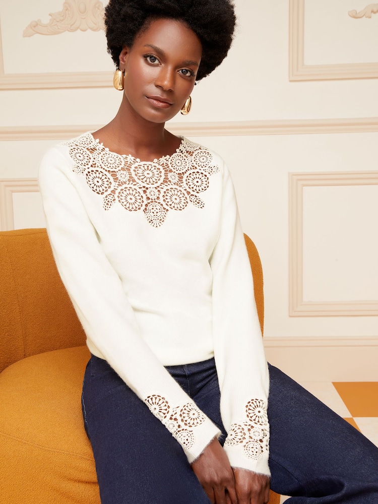 Love & Roses Ivory White Round Neck Crochet Mix Long Sleeve Jumper - Image 2 of 4 Love & Roses Ivory White Round Neck Crochet Mix Long Sleeve Jumper - Image 2 of 4