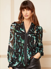 Love & Roses Green Animal Petite Printed V Neck Long Sleeve Hardware Blouse - Image 1 of 4