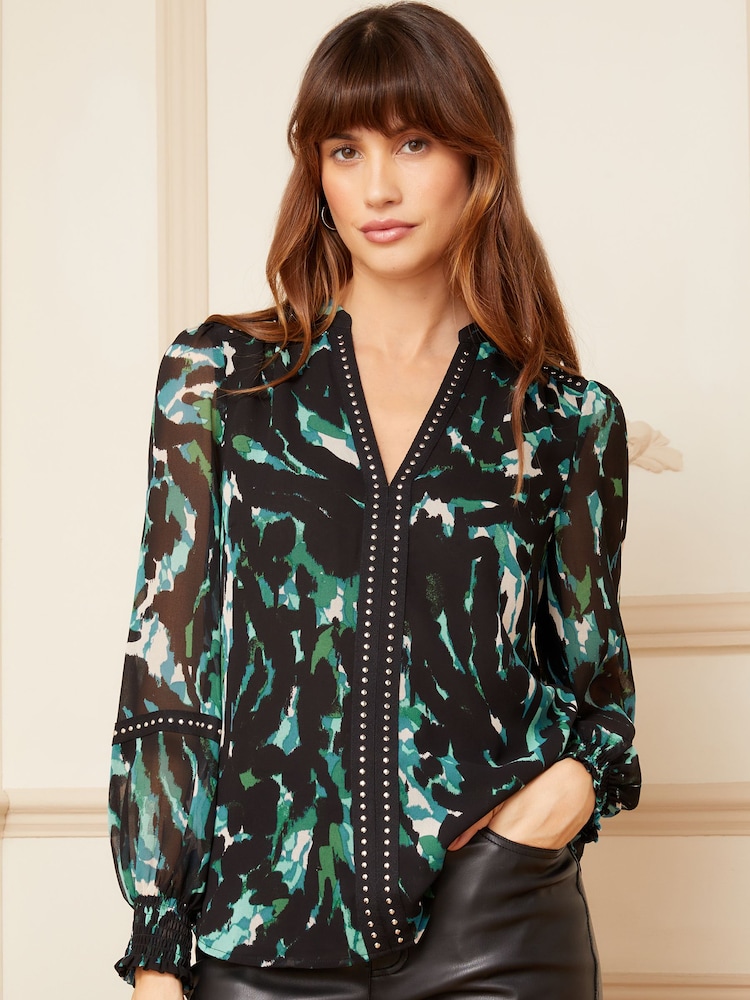 Love & Roses Green Animal Petite Printed V Neck Long Sleeve Hardware Blouse - Image 1 of 4