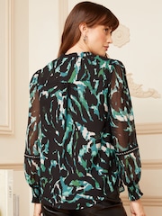 Love & Roses Green Animal Petite Printed V Neck Long Sleeve Hardware Blouse - Image 3 of 4