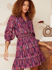 V&A | Love & Roses Red Petite Printed Metallic Ruffle V Neck 3/4 Sleeve Mini Dress - Image 1 of 4