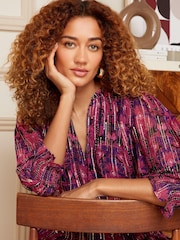 V&A | Love & Roses Red Petite Printed Metallic Ruffle V Neck 3/4 Sleeve Mini Dress - Image 2 of 4