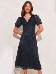 Lipsy Navy Blue Lace Prom Scallop V Neck Puff Sleeve Midi Dress - Image 1 of 4