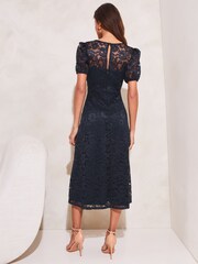 Lipsy Navy Blue Lace Prom Scallop V Neck Puff Sleeve Midi Dress - Image 2 of 4