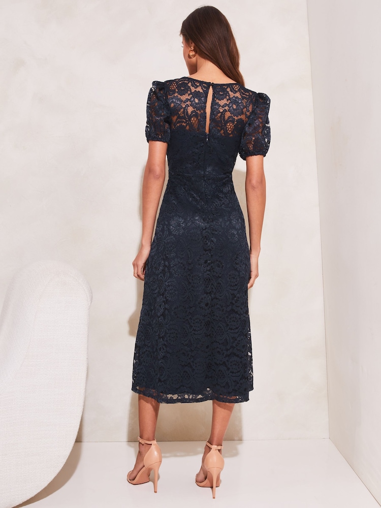 Lipsy Navy Blue Lace Prom Scallop V Neck Puff Sleeve Midi Dress - Image 2 of 4