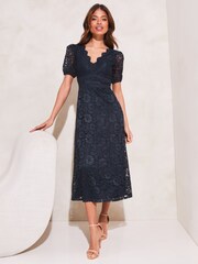 Lipsy Navy Blue Lace Prom Scallop V Neck Puff Sleeve Midi Dress - Image 3 of 4