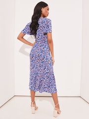 Lipsy Blue Animal Jersey Print Flutter Sleeve Ruched Wrap Midi Dress - Image 2 of 4
