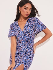 Lipsy Blue Animal Jersey Print Flutter Sleeve Ruched Wrap Midi Dress - Image 4 of 4