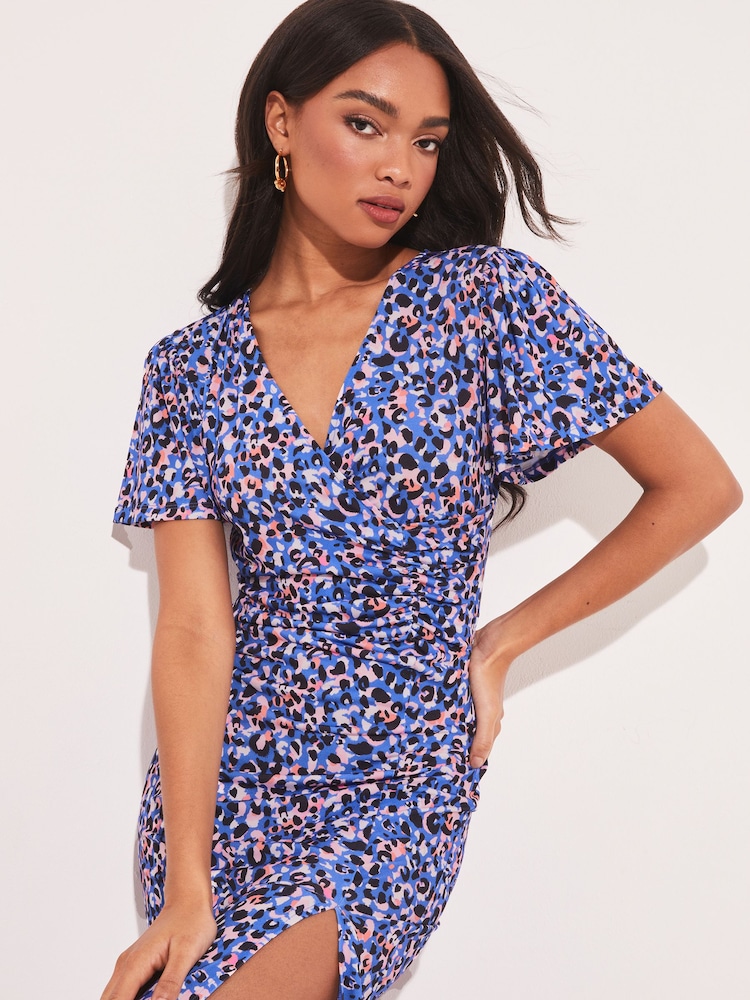 Lipsy Blue Animal Jersey Print Flutter Sleeve Ruched Wrap Midi Dress - Image 4 of 4
