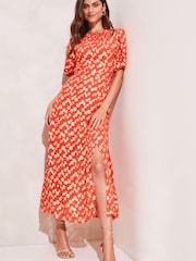Lipsy Peach Metallic Puff Sleeve Round Neck Split Midi Dress - Image 1 of 4