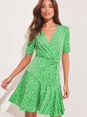 Lipsy Green Spot Petite Jersey Knot Front Mini Skater Dress - Image 1 of 4