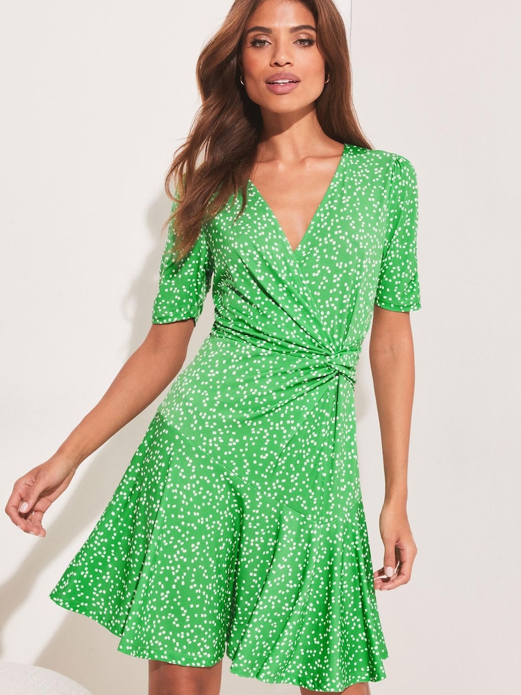 Lipsy Green Spot Petite Jersey Knot Front Mini Skater Dress - Image 1 of 4