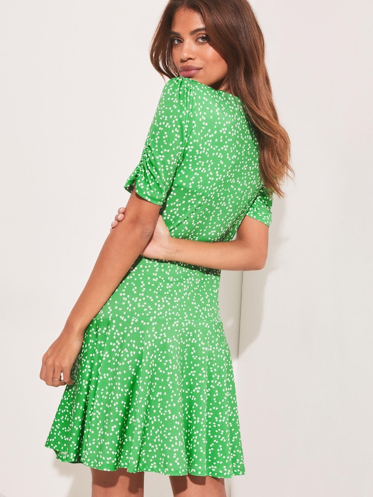 Lipsy Green Spot Petite Jersey Knot Front Mini Skater Dress - Image 2 of 4