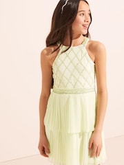 Lipsy Green Pleated Tiered Occasion Dress - Image 1 of 4