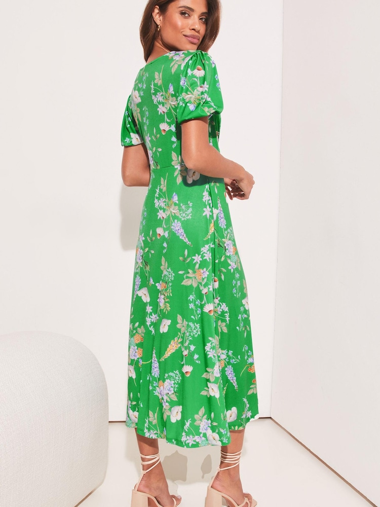 Lipsy Green Floral Jersey PUff Short Sleeve Underbust Summer Midi Dress - Image 2 of 4