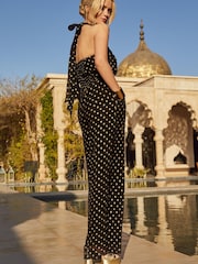 Love & Roses Black and Gold Metallic Twist Cross Neck Wide Leg Summer Jumpsuit - Image 3 of 4