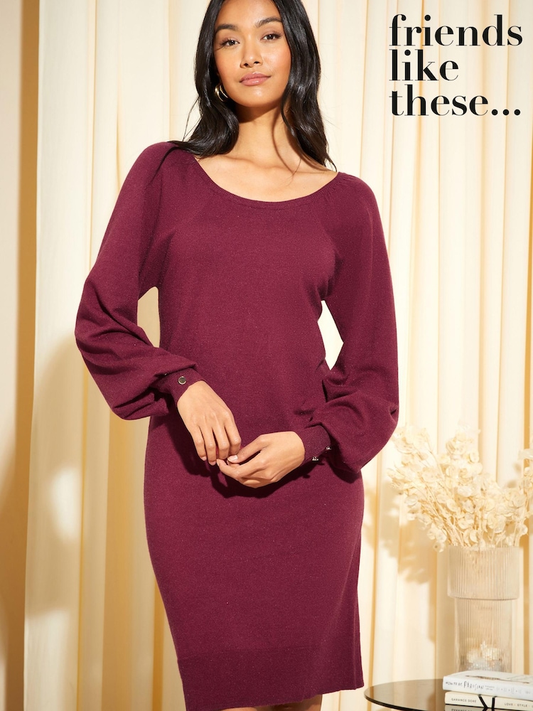 Friends Like These Red Button Cuff Knitted Scoop Neck Jumper Dress - Image 1 of 4 Friends Like These Red Button Cuff Knitted Scoop Neck Jumper Dress - Image 1 of 4