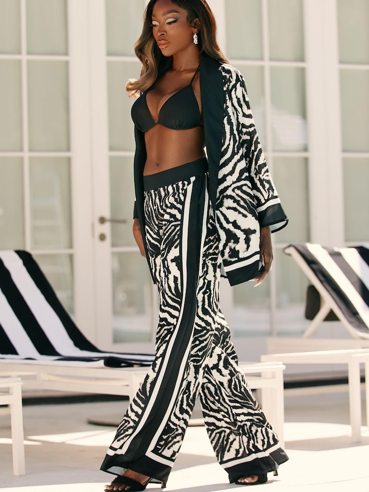 Lipsy White Zebra Print Satin Wide Leg Trousers - Image 1 of 4