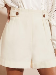 Love & Roses White Linen Linen Button Tab High Waisted Summer Shorts - Image 1 of 4