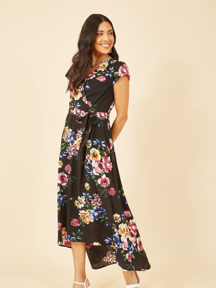 Mela Black Multi Floral Wrap Over Dipped Hem Midi Dress - Image 1 of 4