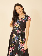Mela Black Multi Floral Wrap Over Dipped Hem Midi Dress - Image 3 of 4