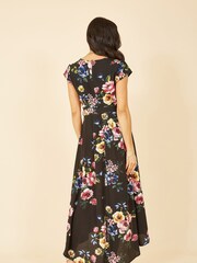 Mela Black Multi Floral Wrap Over Dipped Hem Midi Dress - Image 4 of 4