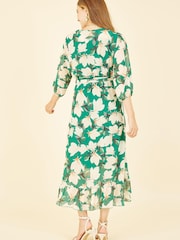 Yumi Green Multi Blossom Wrap Midi Dress With 3/4 Sleeves - Image 3 of 4