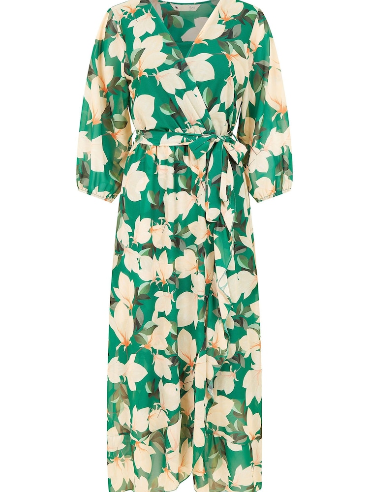 Yumi Green Multi Blossom Wrap Midi Dress With 3/4 Sleeves - Image 4 of 4