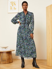 Love & Roses Black Ditsy Petite Printed V Neck Belted Long Sleeve Midi Dress - Image 1 of 4