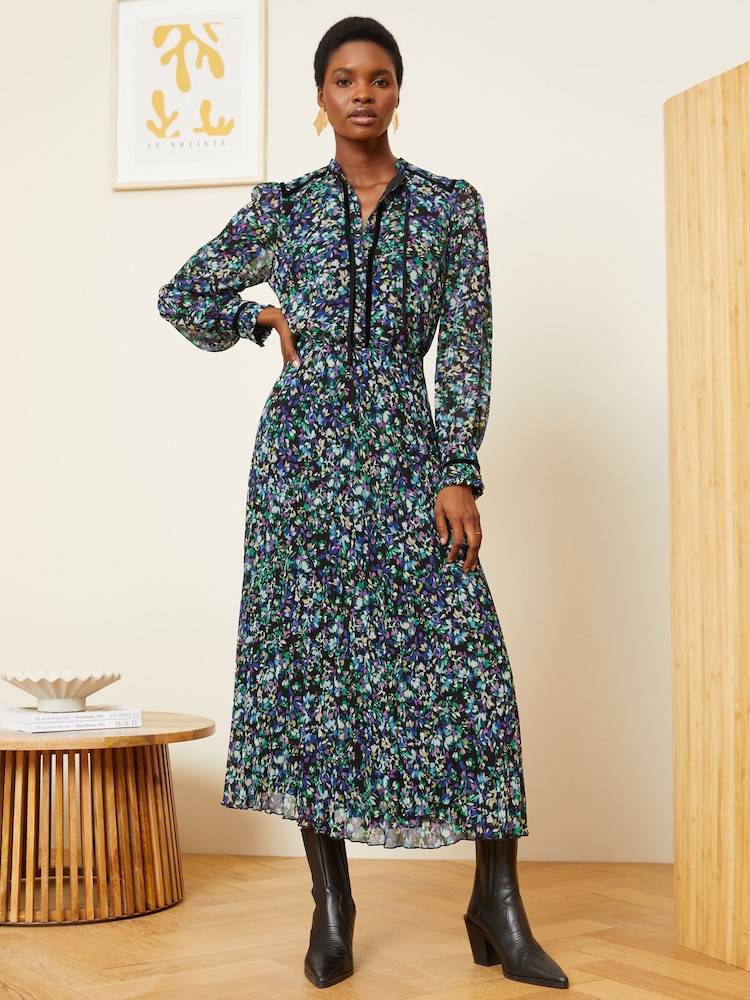 Love & Roses Black Ditsy Petite Printed V Neck Belted Long Sleeve Midi Dress - Image 1 of 4 Love & Roses Black Ditsy Petite Printed V Neck Belted Long Sleeve Midi Dress - Image 1 of 4