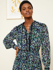 Love & Roses Black Ditsy Petite Printed V Neck Belted Long Sleeve Midi Dress - Image 2 of 4