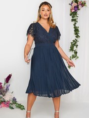 Yours Curve Blue London Occasion Lace Wrap Pleat Midi Dress - Image 1 of 4