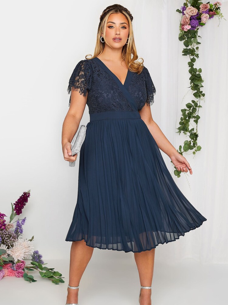 Yours Curve Blue London Occasion Lace Wrap Pleat Midi Dress - Image 1 of 4