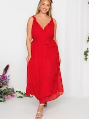 Yours Curve Red London Occasion Ruffle Wrap Maxi Dress - Image 1 of 4