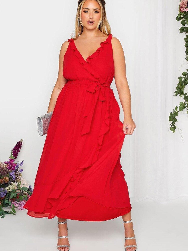 Yours Curve Red London Occasion Ruffle Wrap Maxi Dress - Image 2 of 4