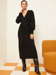 Love & Roses Black Knitted Scallop Wrap Over Jumper Dress - Image 1 of 4