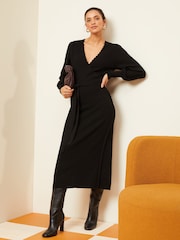 Love & Roses Black Knitted Scallop Wrap Over Jumper Dress - Image 3 of 4