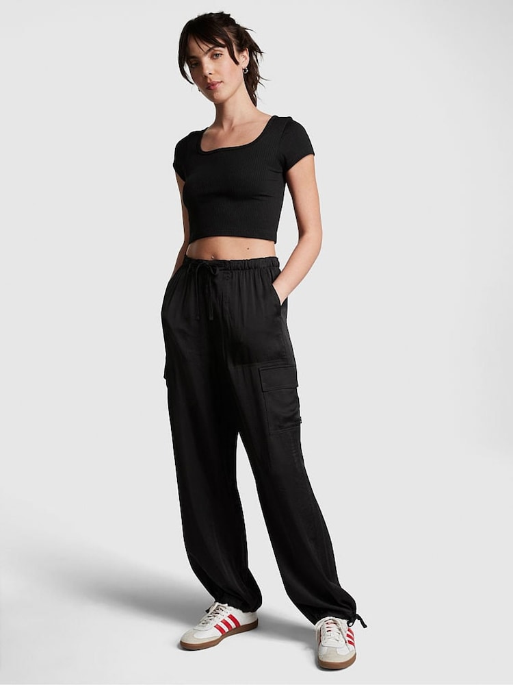 Victoria's Secret PINK Pure Black Satin Parachute Trousers - Image 1 of 4 Victoria's Secret PINK Pure Black Satin Parachute Trousers - Image 1 of 4