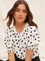 Friends Like These White Round Neck Shirred Cuff Short Sleeve Top - Image 1 of 3