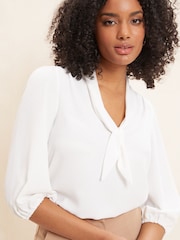 Friends Like These Ivory White V Neck Bow Front 3/4 Sleeve Blouse - Image 1 of 4