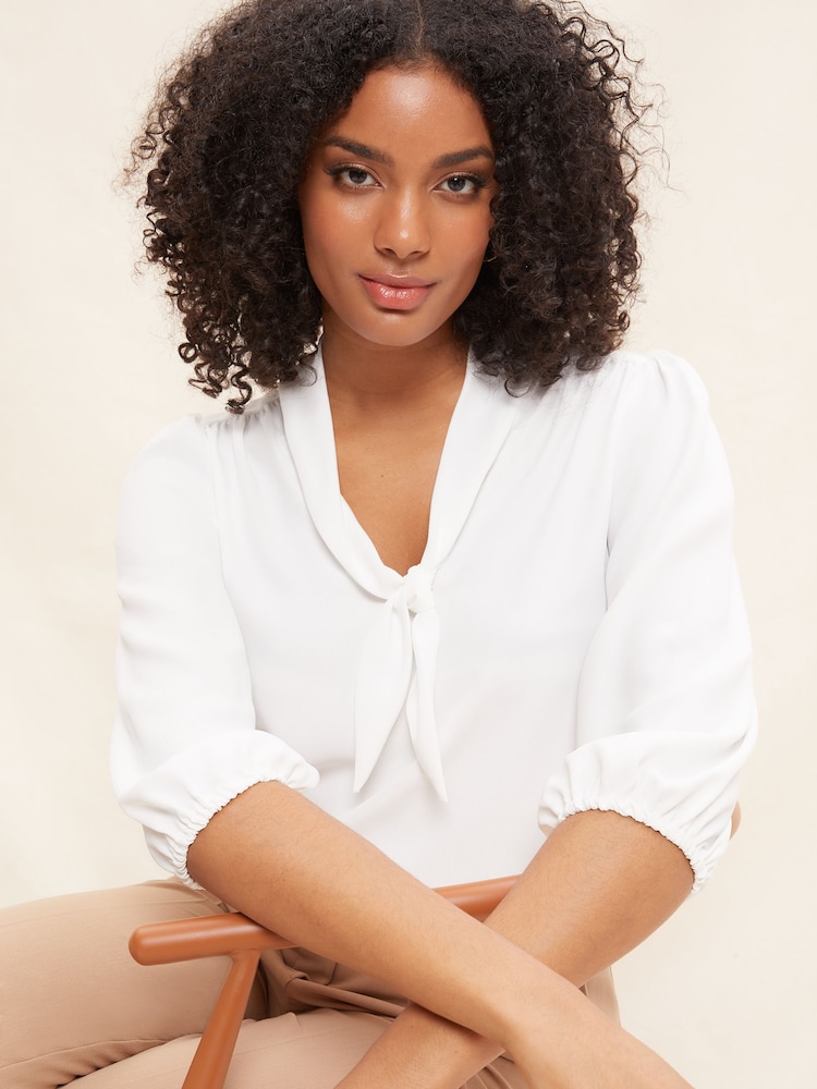 Friends Like These Ivory White V Neck Bow Front 3/4 Sleeve Blouse - Image 4 of 4