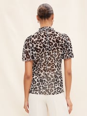 Friends Like These Grey Leopard Animal Short Sleeve Sheer Ruffle High Neck Top - Image 2 of 4