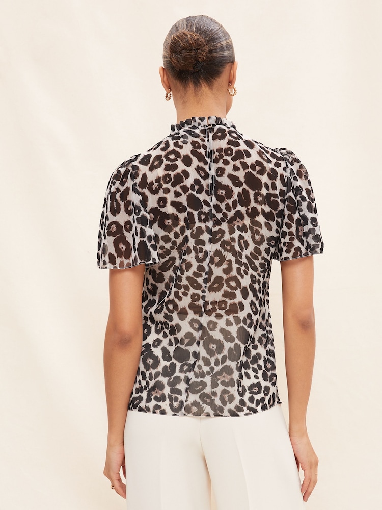 Friends Like These Grey Leopard Animal Short Sleeve Sheer Ruffle High Neck Top - Image 2 of 4
