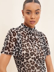 Friends Like These Grey Leopard Animal Short Sleeve Sheer Ruffle High Neck Top - Image 4 of 4