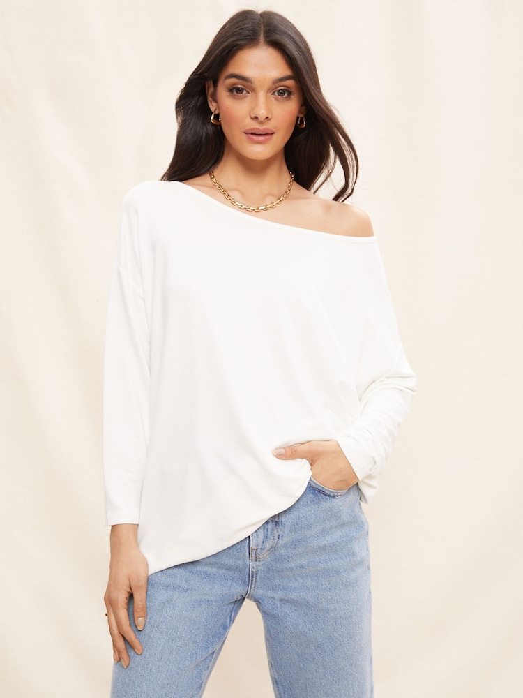 Friends Like These Ivory White Soft Jersey Long Sleeve Slash Neck Tunic Top - Image 1 of 4 Friends Like These Ivory White Soft Jersey Long Sleeve Slash Neck Tunic Top - Image 1 of 4