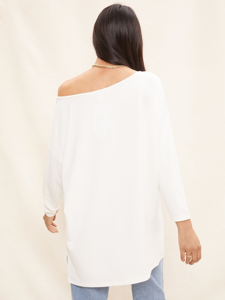 Friends Like These Ivory White Soft Jersey Long Sleeve Slash Neck Tunic Top - Image 2 of 4 Friends Like These Ivory White Soft Jersey Long Sleeve Slash Neck Tunic Top - Image 2 of 4