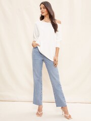Friends Like These Ivory White Soft Jersey Long Sleeve Slash Neck Tunic Top - Image 3 of 4