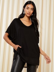 Friends Like These Black Short Sleeve Chiffon Hem V Neck Tunic Top - Image 1 of 4